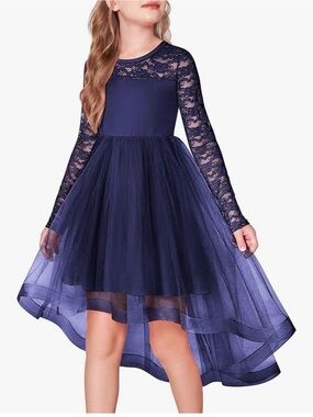 Girls' Navy Lace Long-Sleeve Tulle High-Low Party Dress